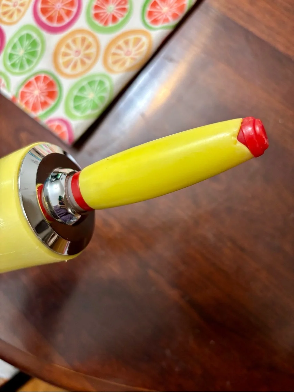 VTG 1950’s Yellow Melamine Rolling Pin with Red and Chrome Detailing MCM kitchen